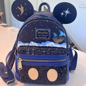 Disney Parks Exclusive Loungefly Peter Pan’s Flight Sequin Backpack Mickey Ears